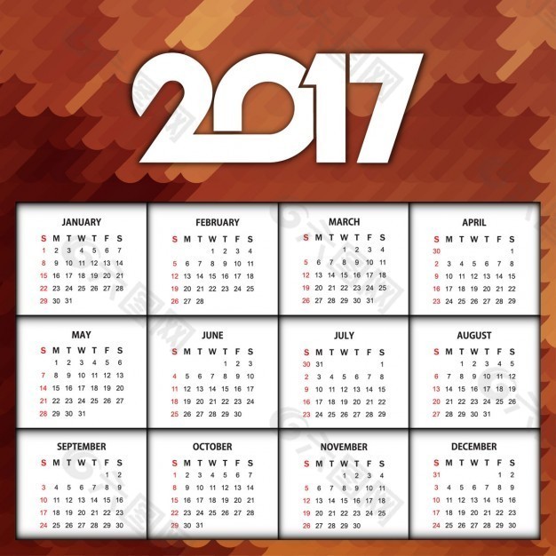 2017个带有棕色抽象背景的日历