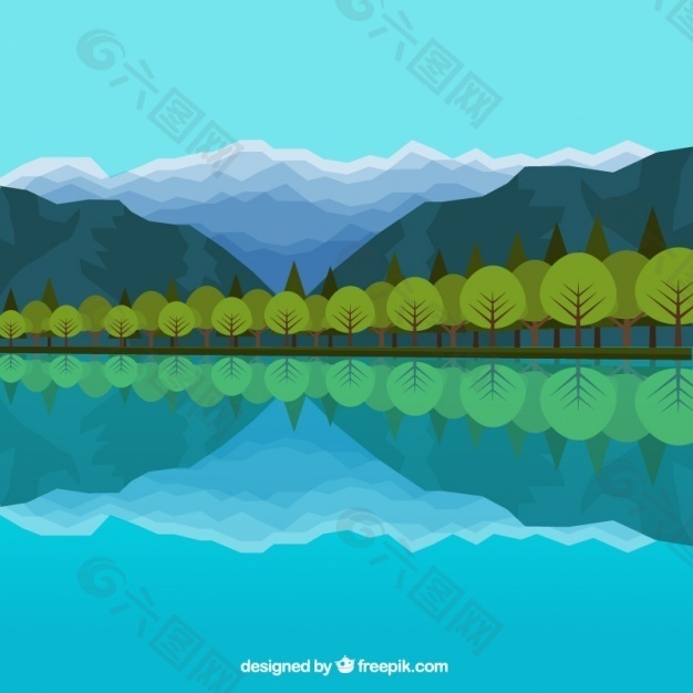 与树木的湖泊反映在平坦的风格
