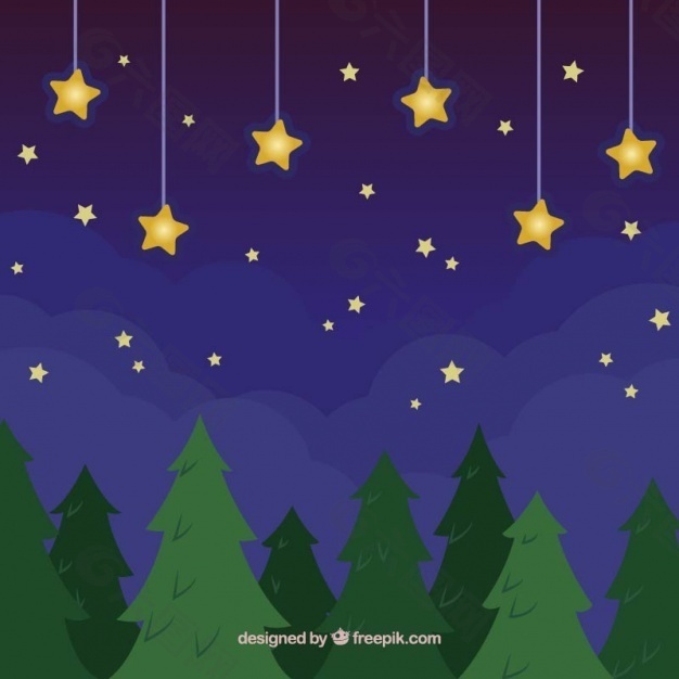 夜晚的金色星星和树