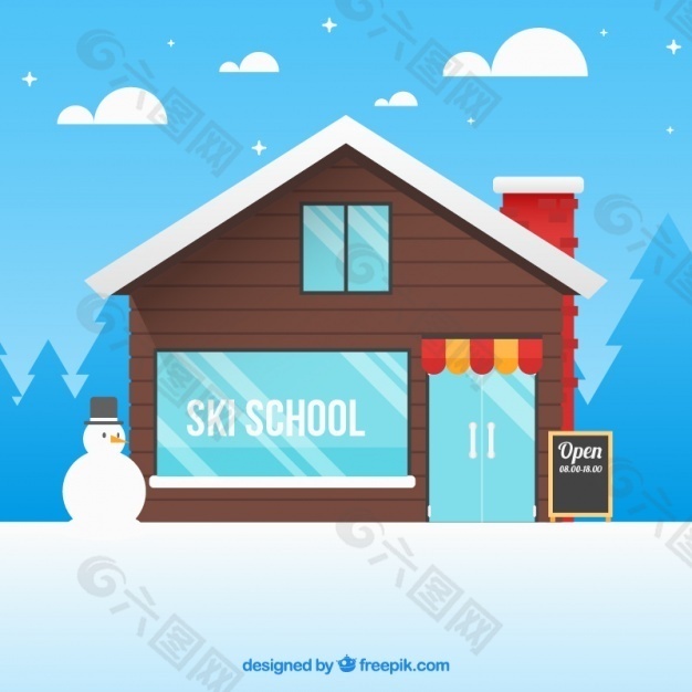 平面设计中的滑雪学校小屋背景