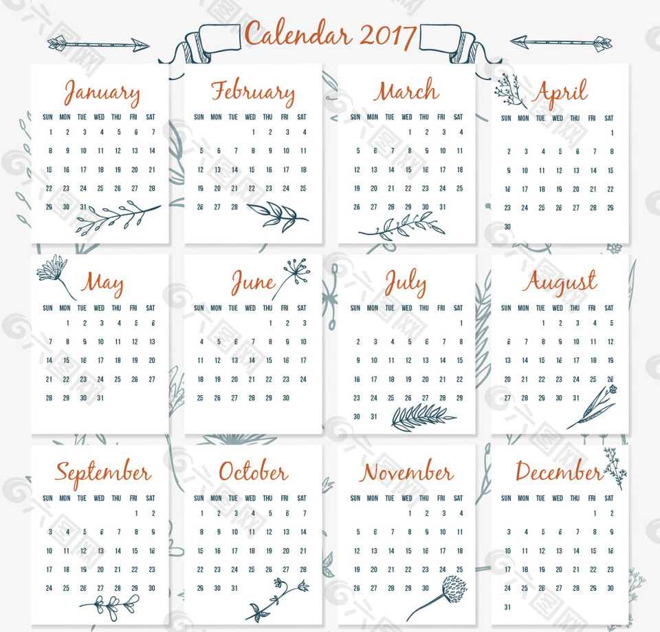 手绘植物2017老式日历模板