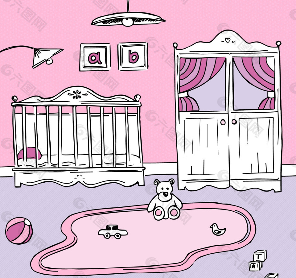 白色粉红手绘婴儿房