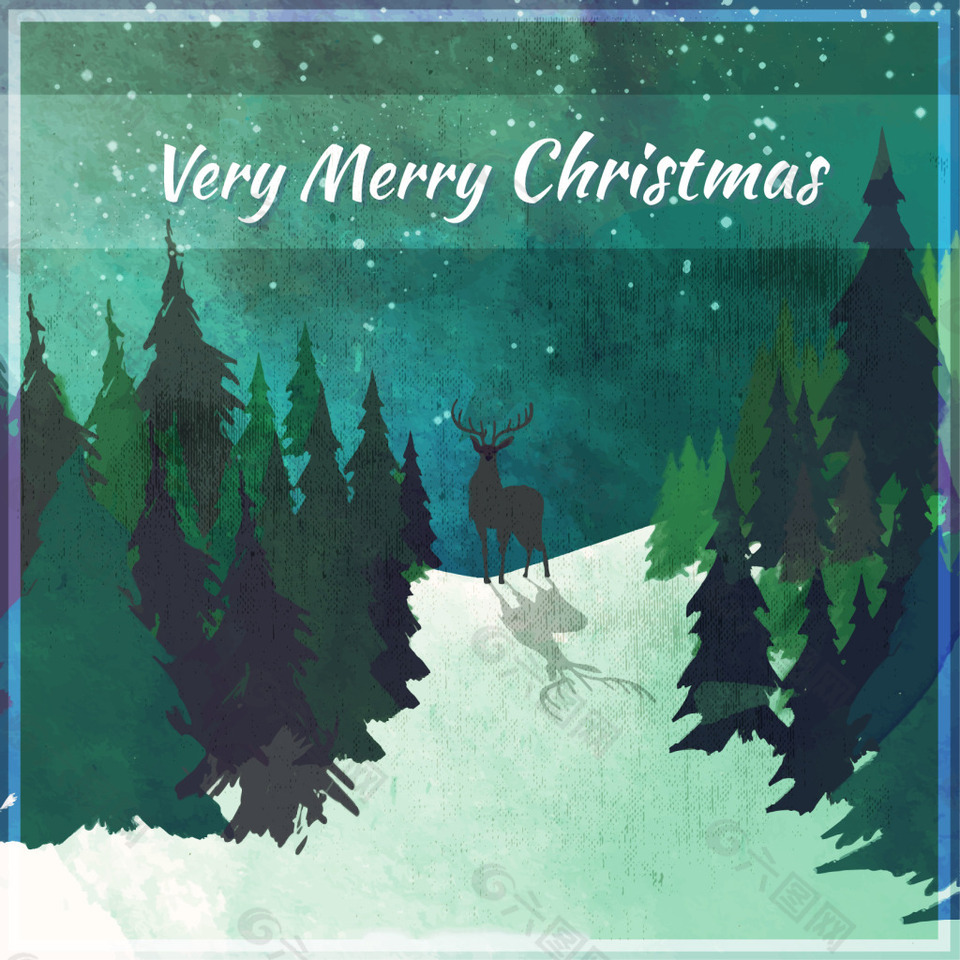 水彩圣诞背景与鹿