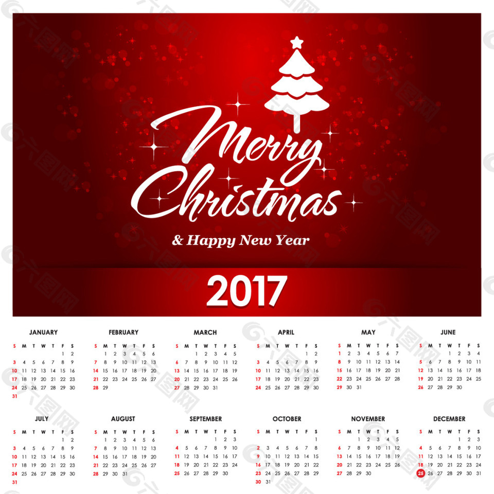 2017圣诞红色背景日历