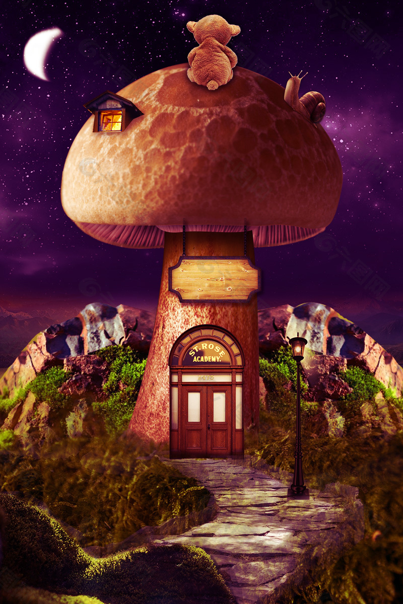 蘑菇卡通紫色梦话背景