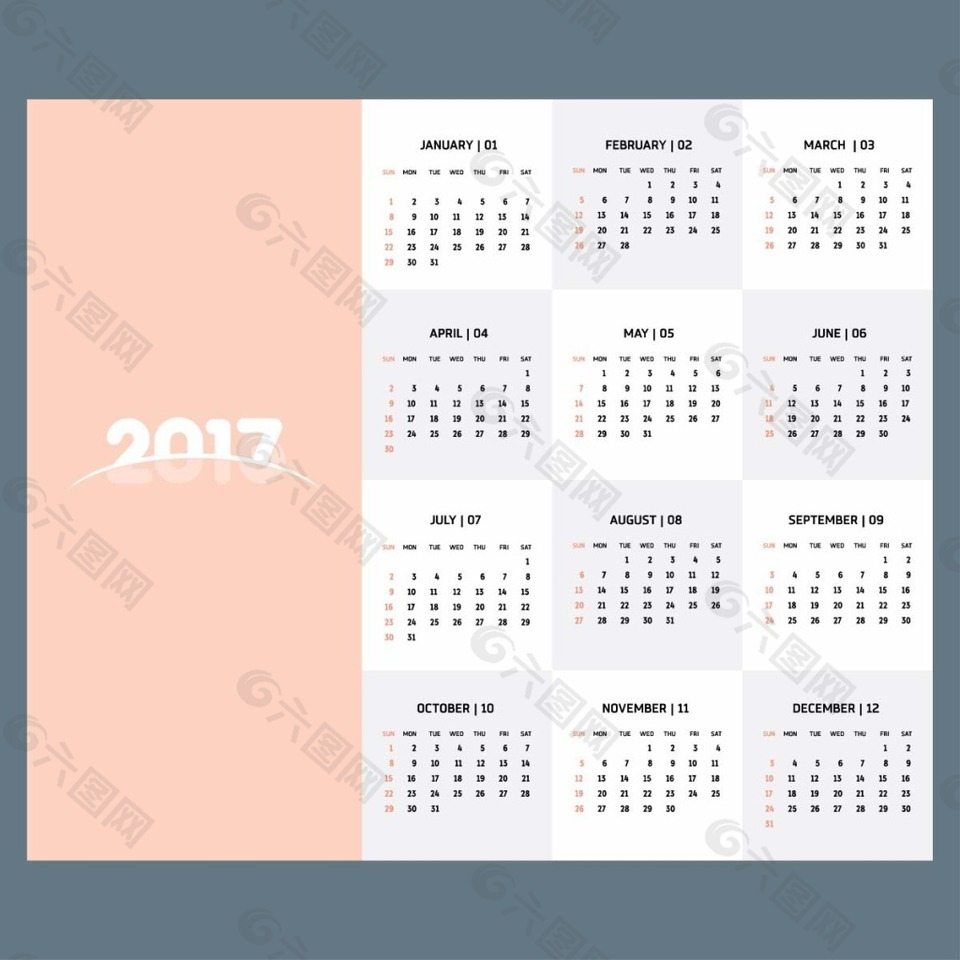 柔和的颜色2017日历模板