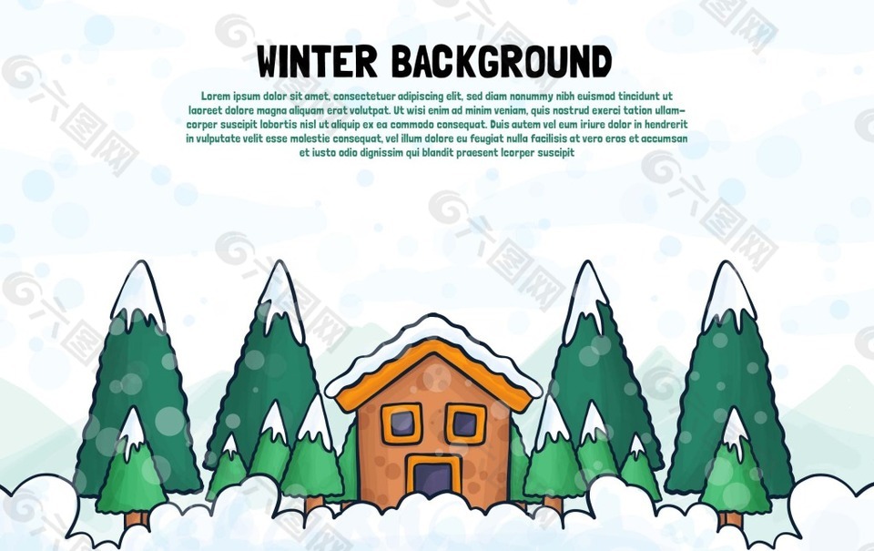手绘冬季背景与房屋树木
