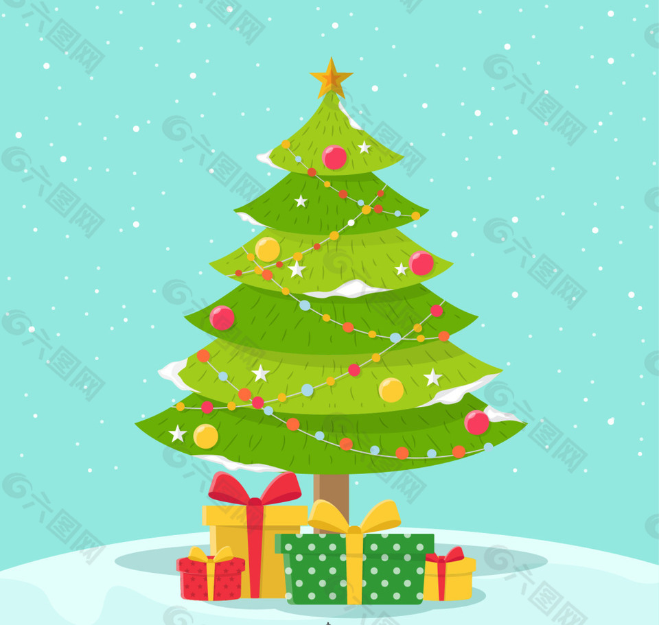 漂亮圣诞树与礼物雪花背景