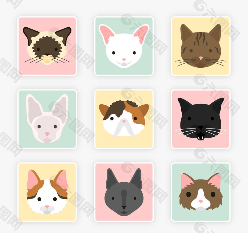 9种可爱方形猫咪头像矢量素材