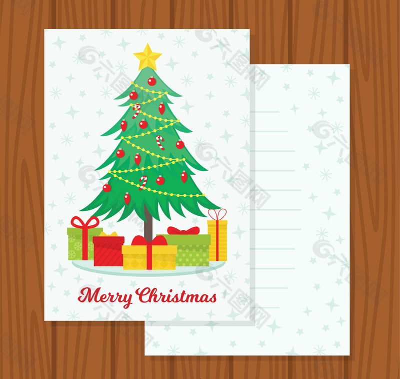 绿色圣诞树和礼盒节日贺卡矢量图
