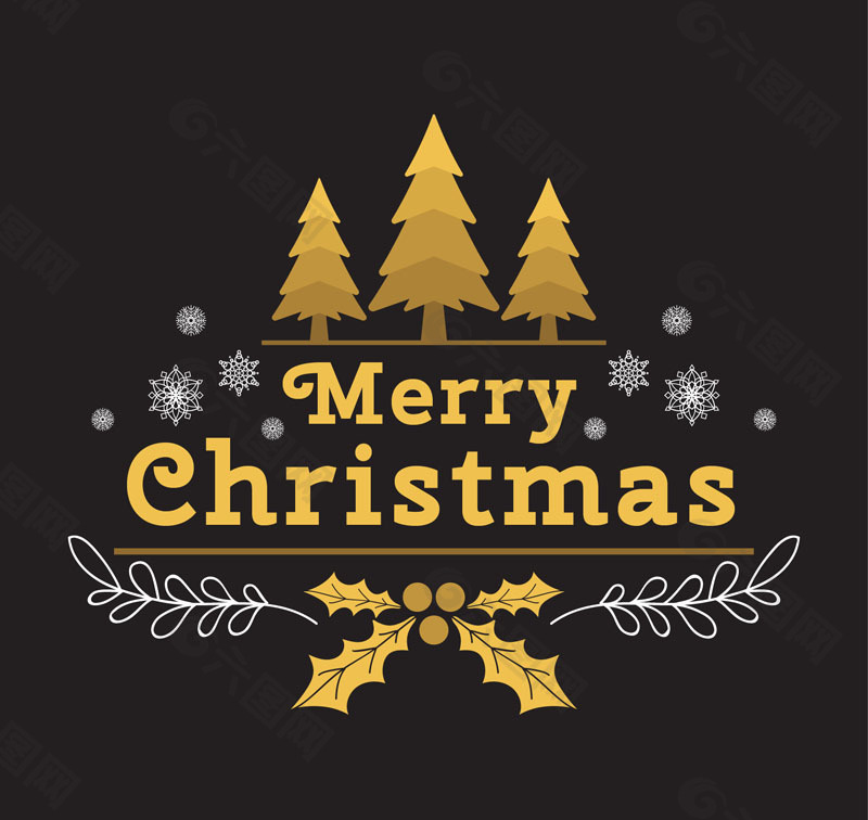 金色圣诞树和枸骨节日贺卡矢量素材
