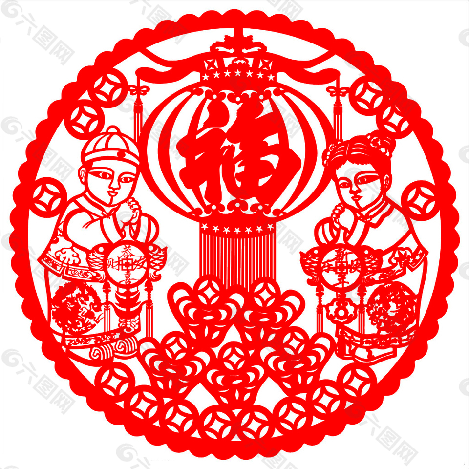 剪纸金童玉女送福送财