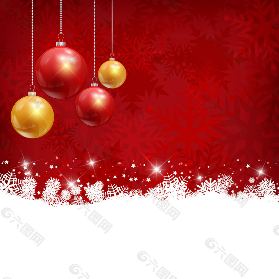 红雪圣诞背景与悬挂装饰球