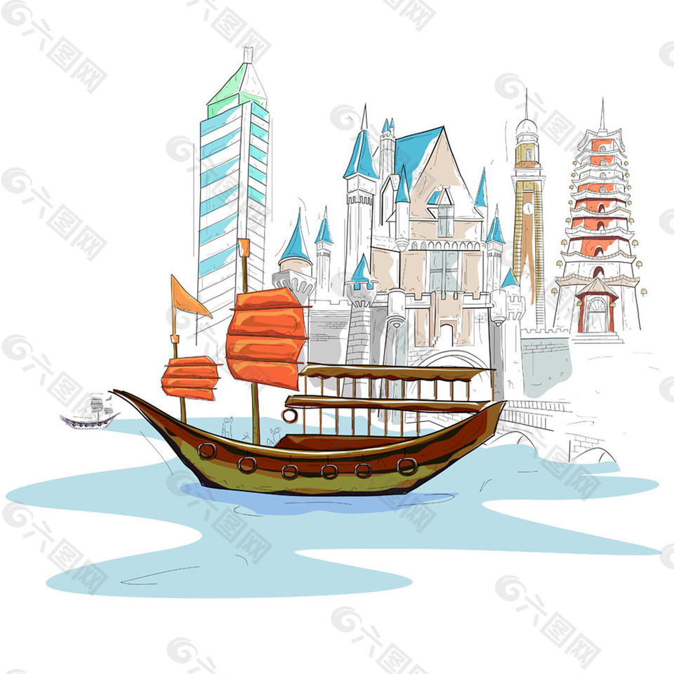小船和欧式大楼图片
