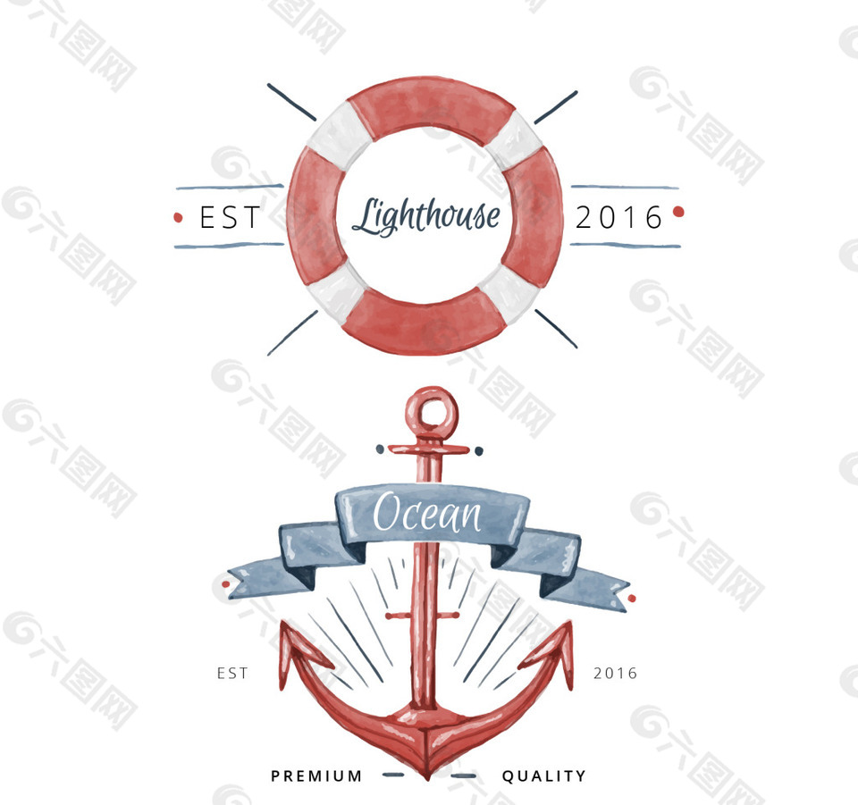 水彩徽章与航海素材