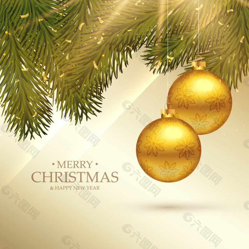 松树树枝金色圣诞球