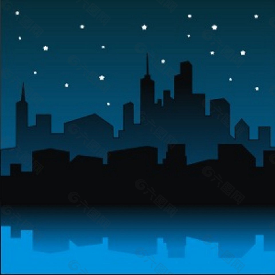 晚上的现代城市全景图矢量图。