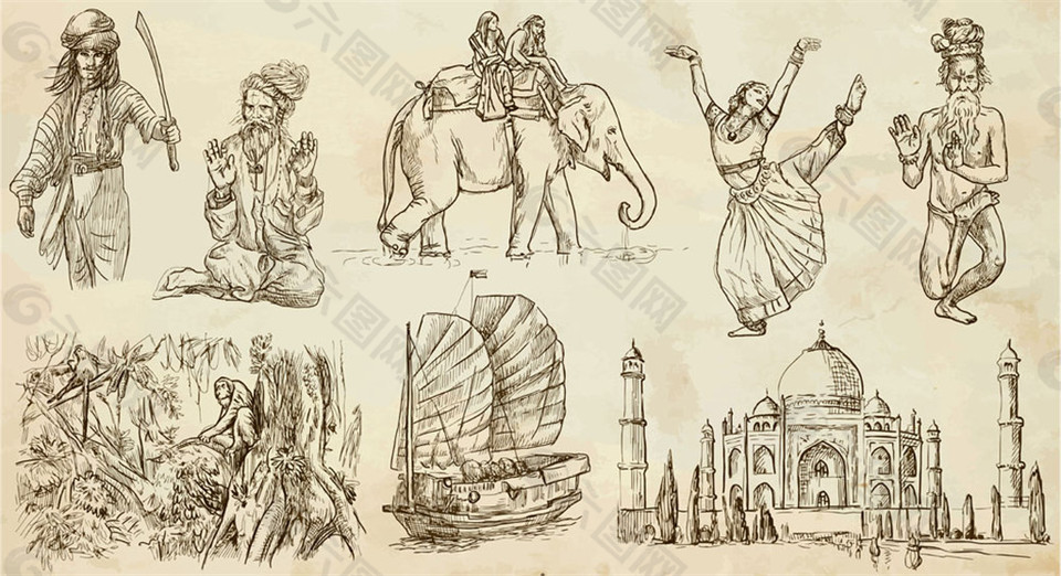 手绘印度人物和建筑图片
