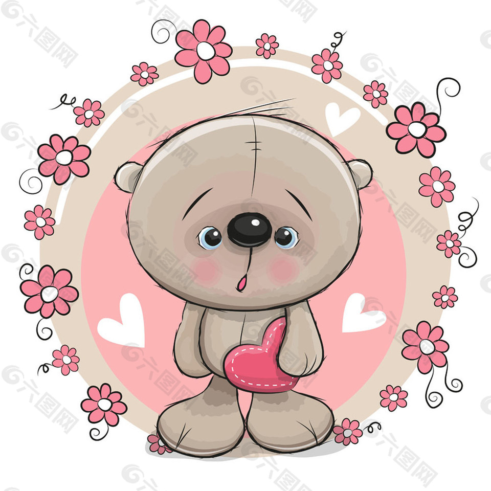 拿心形的小熊和花朵图片