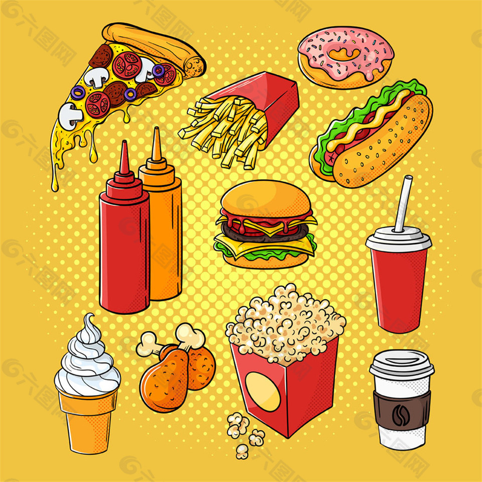 黄色背景下的快餐食物图片