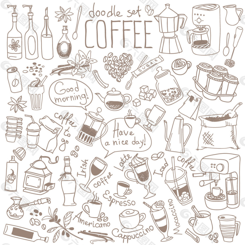 手繪咖啡用品圖案組合