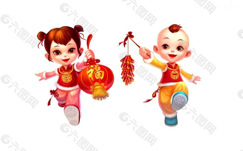 男女娃娃打灯笼 提鞭炮中国喜庆过年 福字