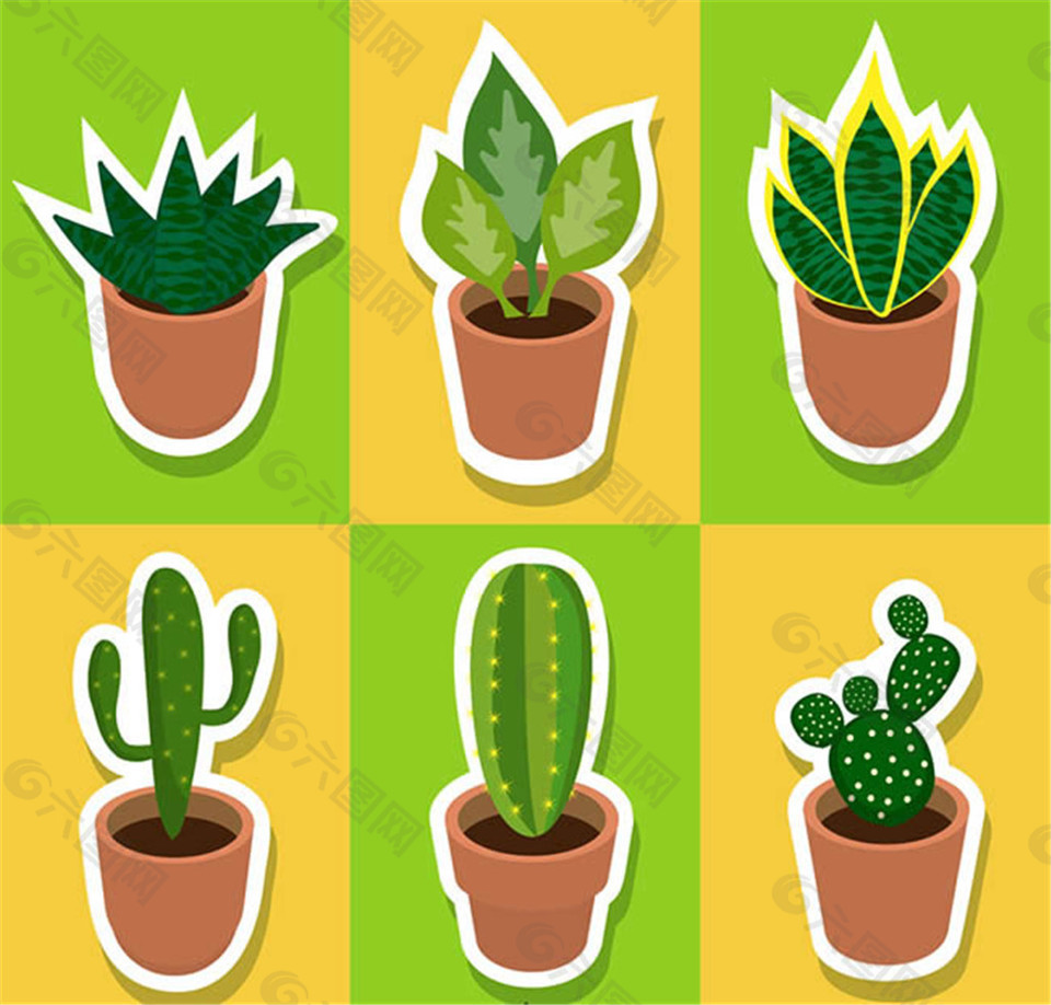 6款绿色多肉植物贴纸矢量图