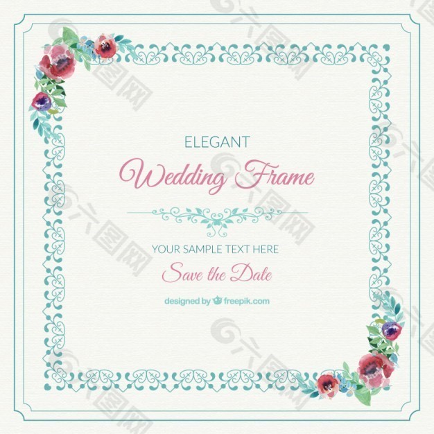 装饰婚礼框架与水彩花卉细节