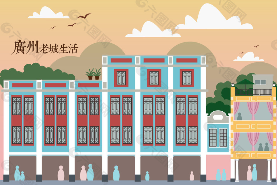 广州骑楼立面插画