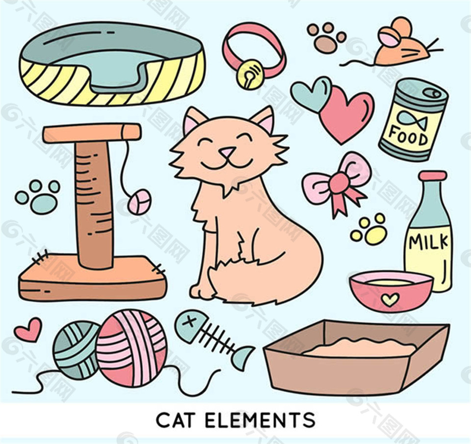 14款可爱猫咪与宠物用品矢量图