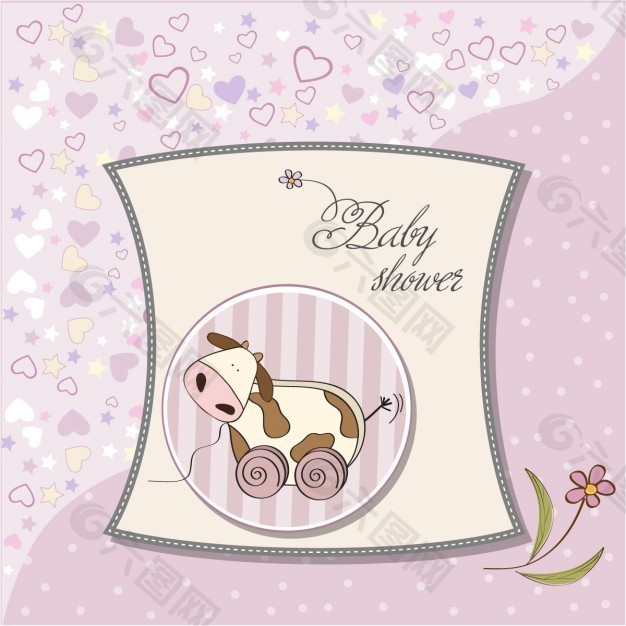 婴儿淋浴卡与可爱的奶牛玩具