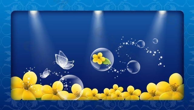 荧光水晶蝴蝶泡泡和花卉背景