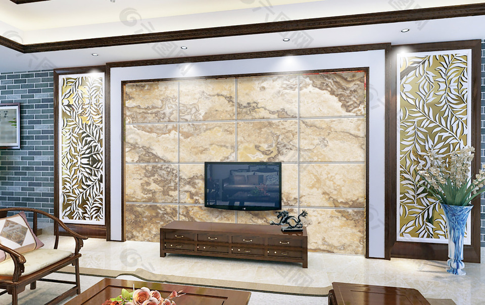 欧式大理石砖电视背景墙设计