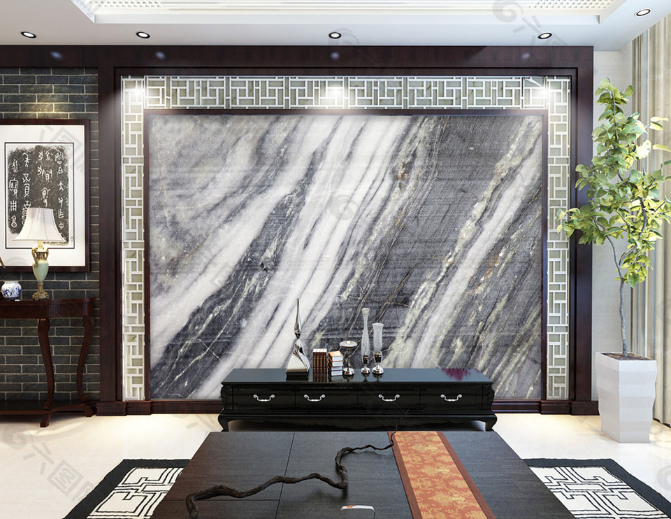 中国风灰岩石电视背景墙设计