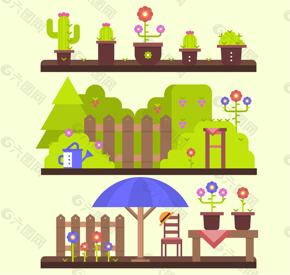 3组卡通花园风景矢量素材