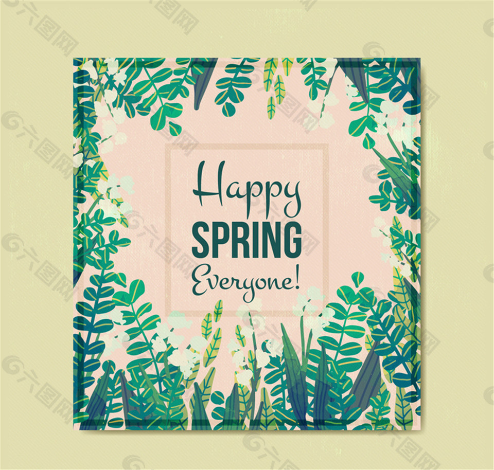 快乐春季绿叶方形卡片矢量素材