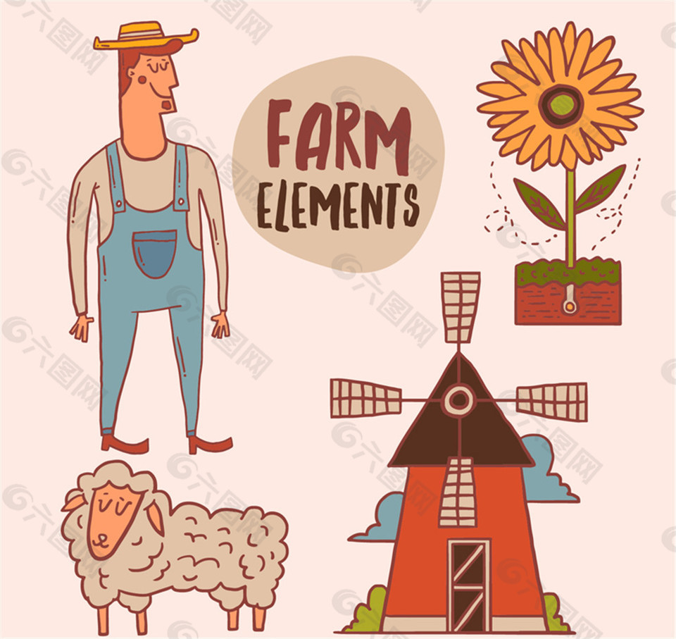农夫和三个卡通农场元素矢量素材