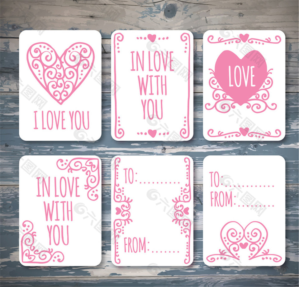 6款粉色花纹爱心留言卡矢量图