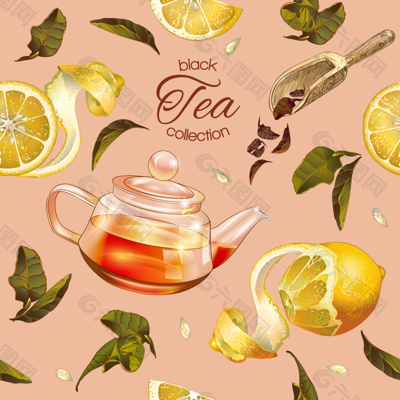 彩绘柠檬红茶无缝背景矢量素材