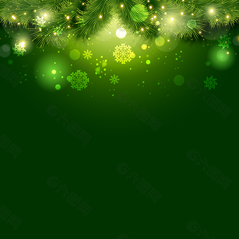 绿色松枝与雪花背景矢量素材