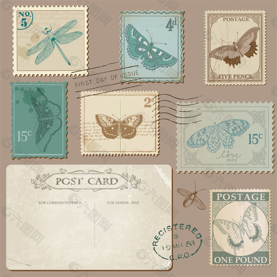 蝴蝶邮票与明信片图片