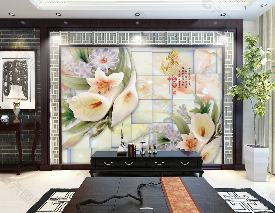 中国风荷花电视背景墙设计素材