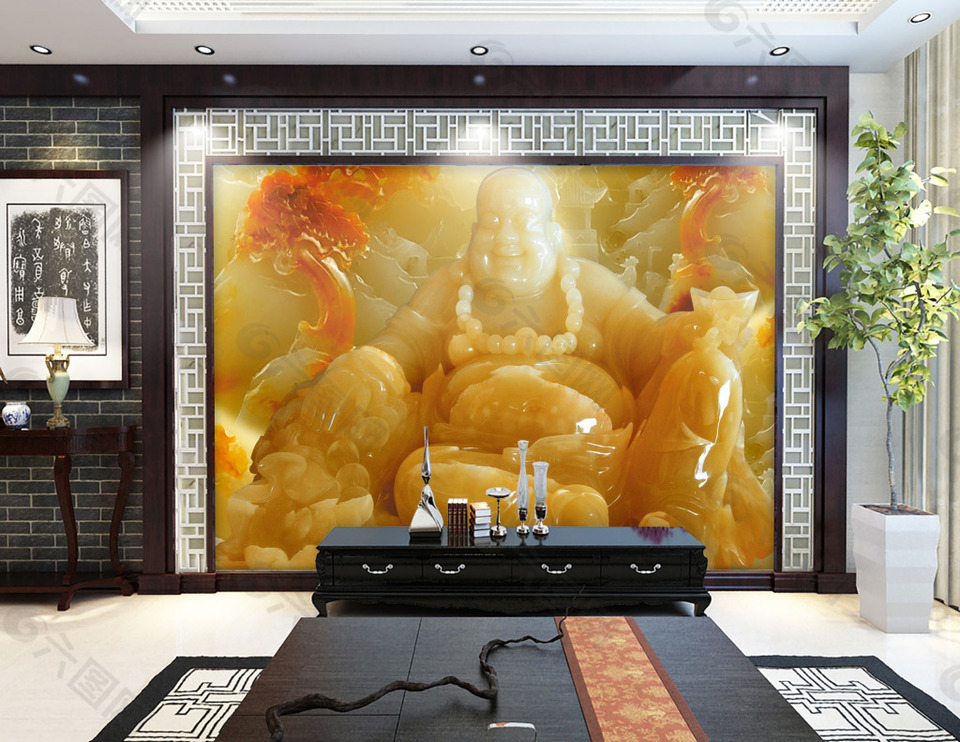 汉白玉弥勒佛时尚电视机背景墙设计素材