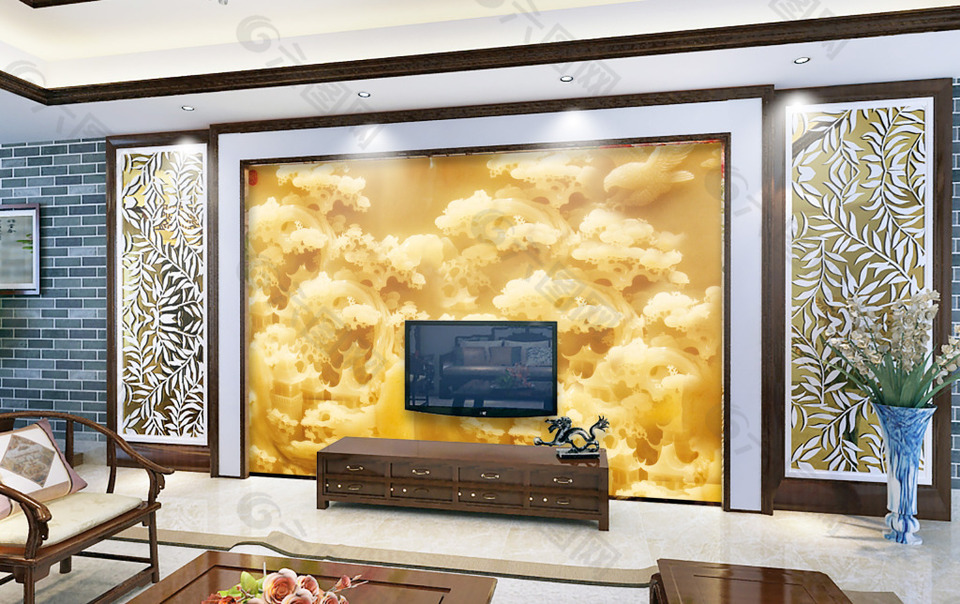 岩石玉雕效果电视背景墙设计素材