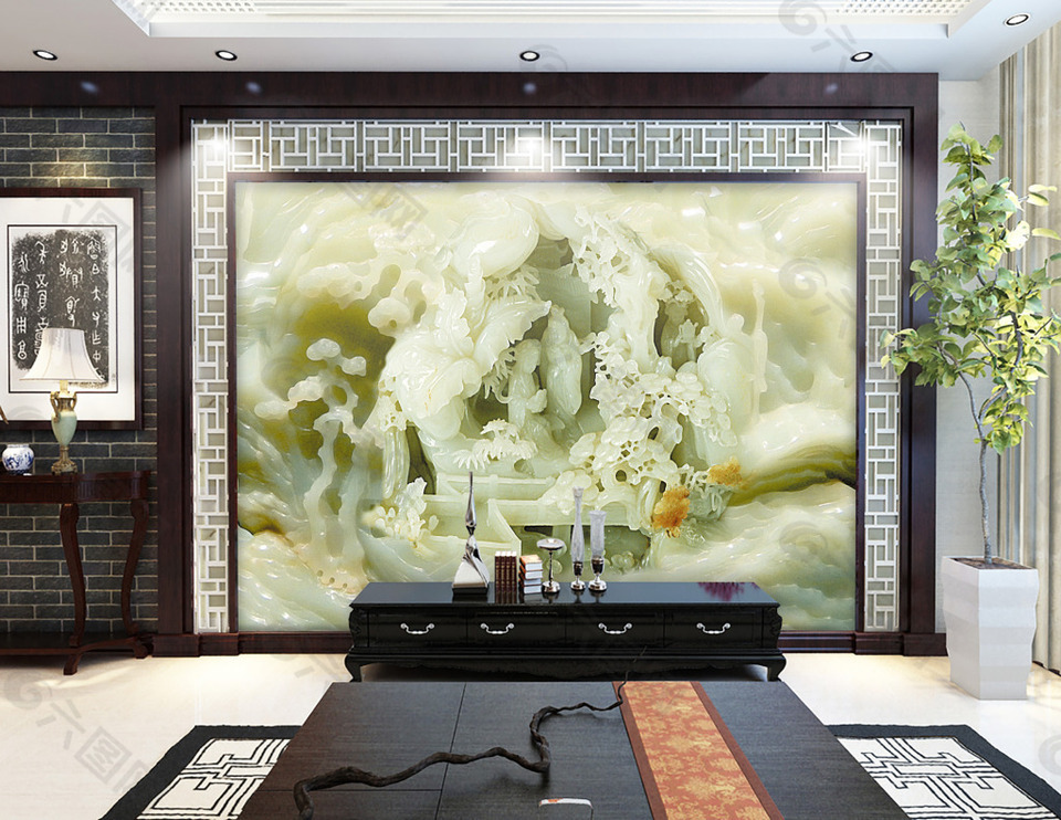 玉石雕刻水墨山水电视机背景墙设计素材