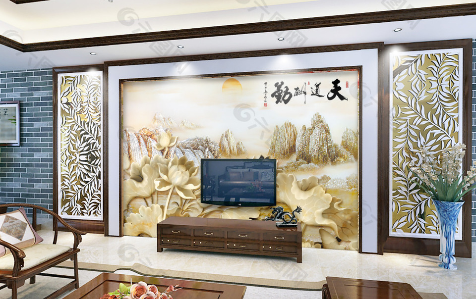 中国风玉石雕刻电视背景墙设计素材