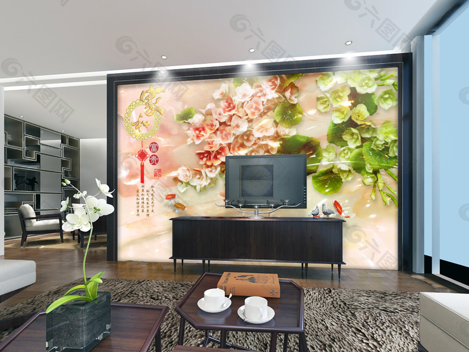 中国风风景画玉雕时尚背景墙设计素材模板