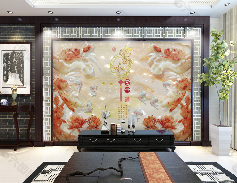 现代中国风玉雕电视背景墙设计素材