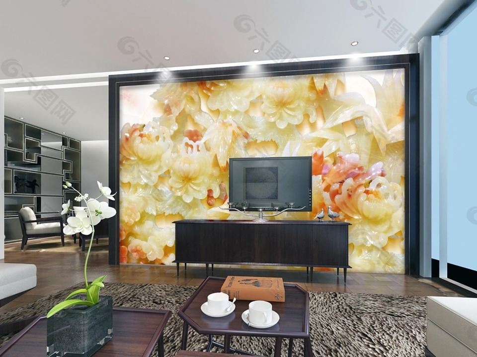 黄色玉石雕刻电视背景墙设计素材