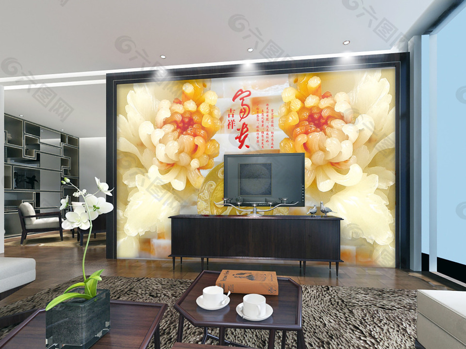 金色中国风玉雕设计电视背景墙设计素材